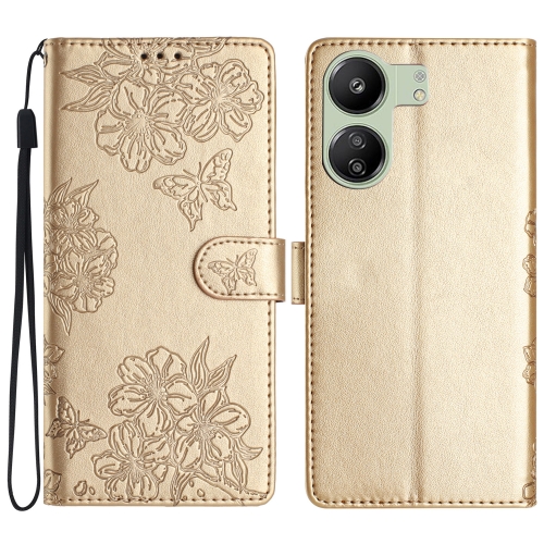 

For Xiaomi Redmi 13C 4G Global Cherry Blossom Butterfly Skin Feel Embossed PU Phone Case(Gold)