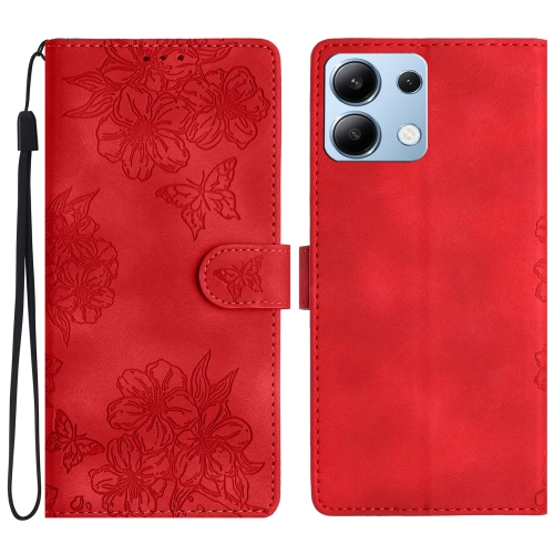 

For Redmi Note 13 4G Cherry Blossom Butterfly Skin Feel Embossed PU Phone Case(Red)