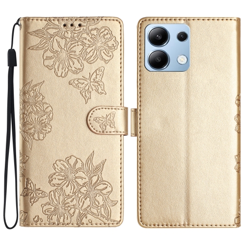 

For Redmi Note 13 4G Cherry Blossom Butterfly Skin Feel Embossed PU Phone Case(Gold)