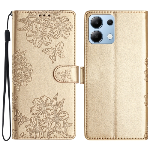 

For Redmi Note 14 4G Cherry Blossom Butterfly Skin Feel Embossed PU Phone Case(Gold)