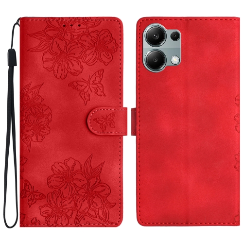 

For Redmi Note 13 Pro 4G Cherry Blossom Butterfly Skin Feel Embossed PU Phone Case(Red)