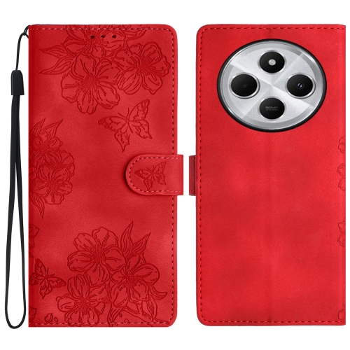 

For Redmi 14C 4G Cherry Blossom Butterfly Skin Feel Embossed PU Phone Case(Red)