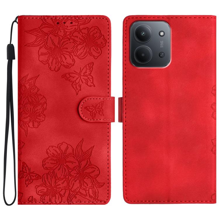 

For Redmi 15C 5G/4G EU 173mm/Poco C85 5G Cherry Blossom Butterfly Skin Feel Embossed PU Phone Case(Red)