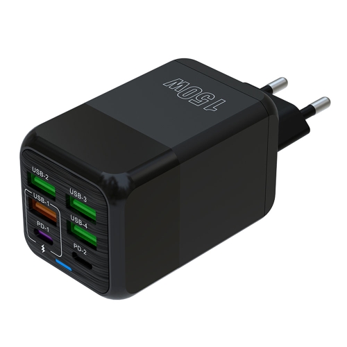 150W 4 x USB + 2 x USB-C / Type-C Multi-port Fast Charger, EU Plug(Black)