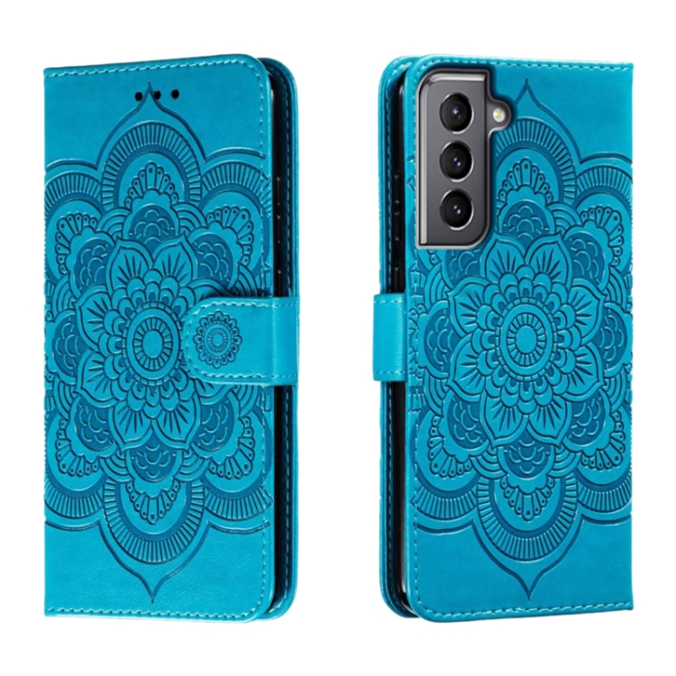 

For Samsung Galaxy S21 5G Sun Mandala Embossing Pattern Phone Leather Case(Blue)