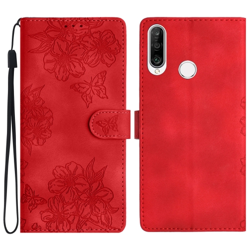 

For Huawei Y6p Cherry Blossom Butterfly Skin Feel Embossed PU Phone Case(Red)
