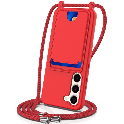 

For Samsung Galaxy S23+ 5G Integrated Card Bag Solid Color Liquid Silicone Phone Case with Lanyard(Red)