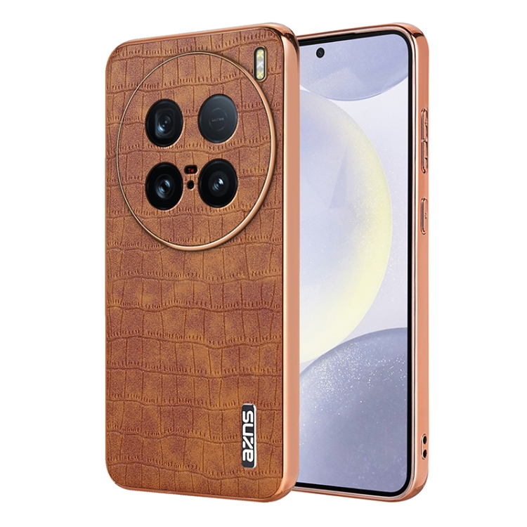 

For vivo X100 Ultra AZNS Electroplated Frame Crocodile Texture Full Coverage Phone Case(Brown)