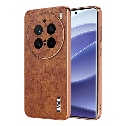 

For vivo X200 Pro AZNS Electroplated Frame Crocodile Texture Full Coverage Phone Case(Brown)