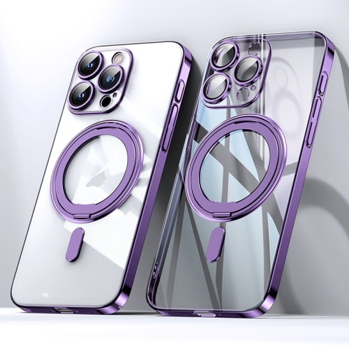 

For iPhone 15 Pro Max Plating PC 360 Ring Holder Magsafe Phone Case(Clear Purple)