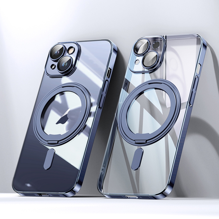 

For iPhone 15 Plating PC 360 Ring Holder Magsafe Phone Case(Clear Blue)