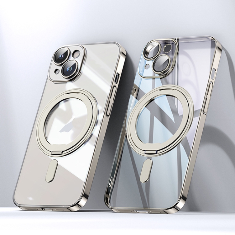 

For iPhone 14 Plating PC 360 Ring Holder Magsafe Phone Case(Clear Gold)