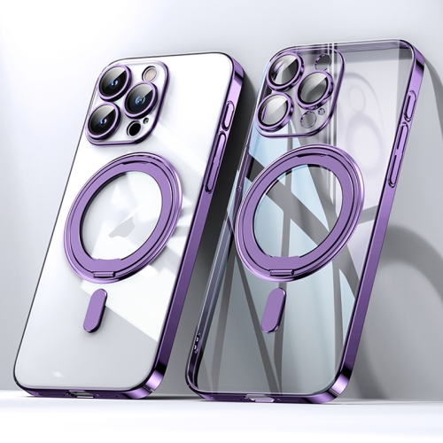 

For iPhone 13 Pro Plating PC 360 Ring Holder Magsafe Phone Case(Clear Purple)