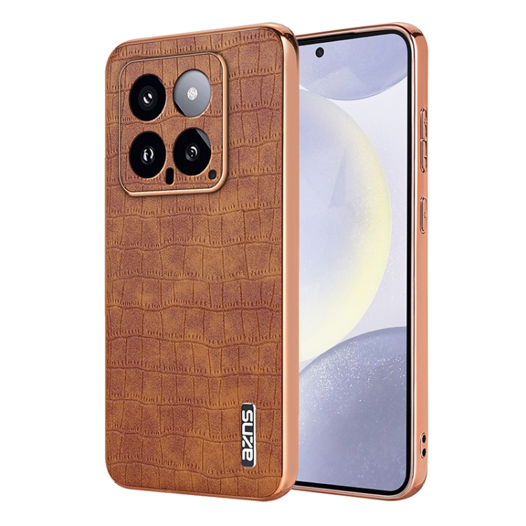 

For Xiaomi 14 AZNS Electroplated Frame Crocodile Texture Full Coverage Phone Case(Brown)
