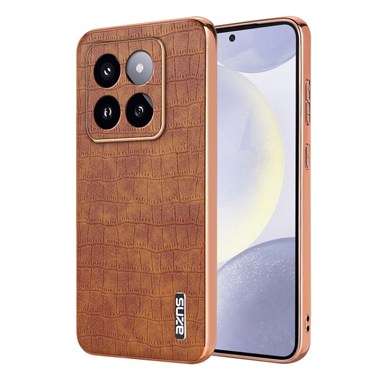 

For Xiaomi 14 Pro AZNS Electroplated Frame Crocodile Texture Full Coverage Phone Case(Brown)