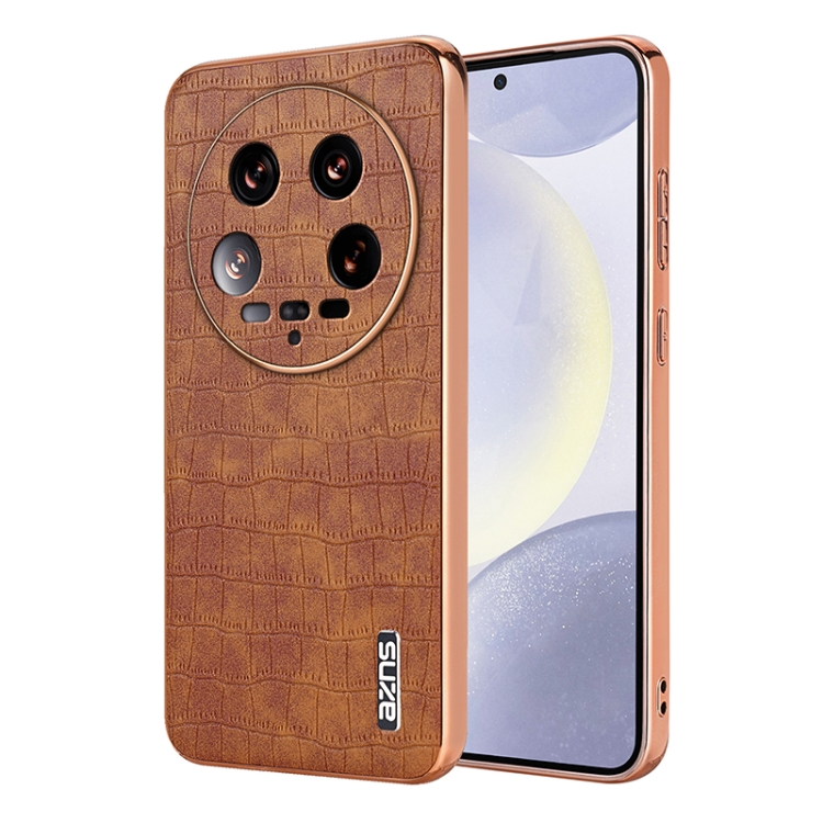 

For Xiaomi 14 Ultra AZNS Electroplated Frame Crocodile Texture Full Coverage Phone Case(Brown)
