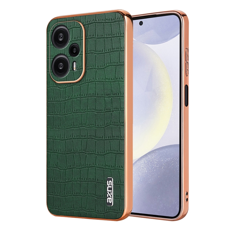 

For Xiaomi Poco F5 AZNS Electroplated Frame Crocodile Texture Full Coverage Phone Case(Green)