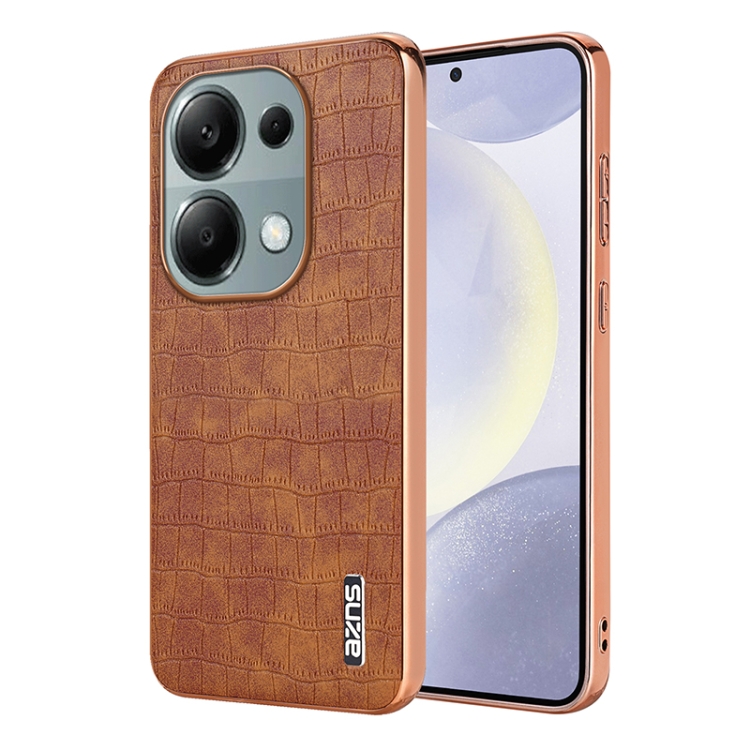 

For Xiaomi Poco M6 Pro AZNS Electroplated Frame Crocodile Texture Full Coverage Phone Case(Brown)