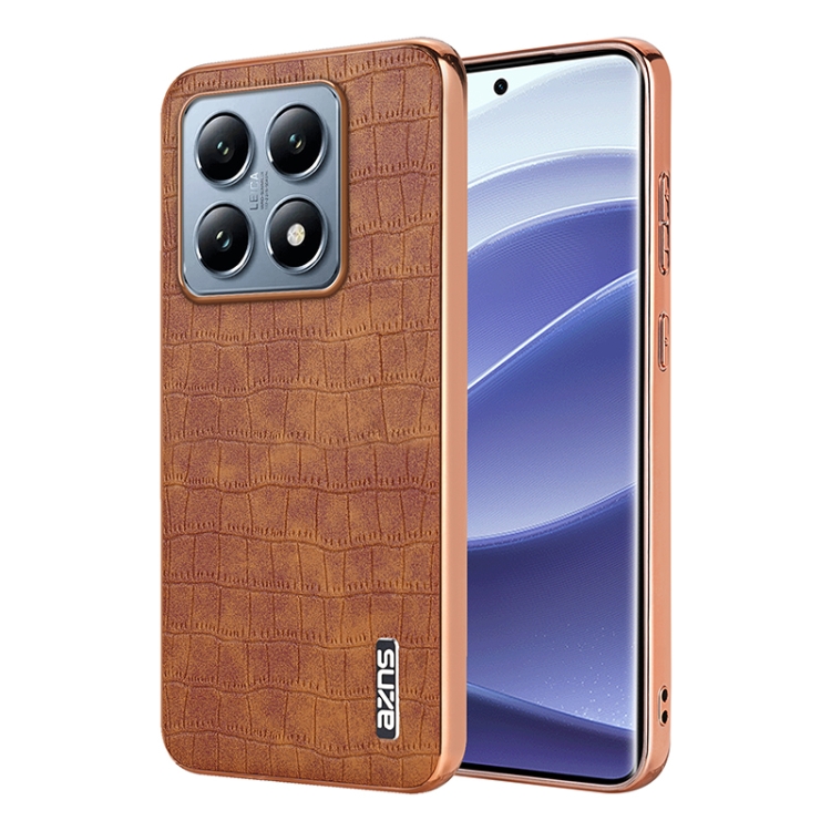 

For Xiaomi 14T AZNS Electroplated Frame Crocodile Texture Full Coverage Phone Case(Brown)