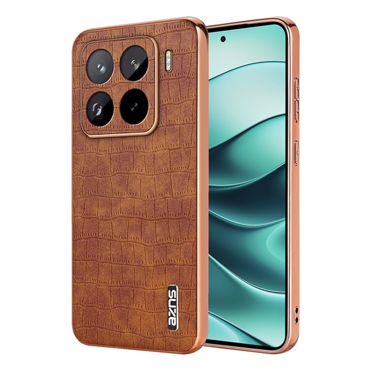 

For Xiaomi 15 Pro AZNS Electroplated Frame Crocodile Texture Full Coverage Phone Case(Brown)