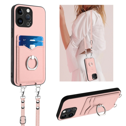

For iPhone 15 Pro Max R20 Crossbody Rope Ring Card Holder Phone Case(Pink)