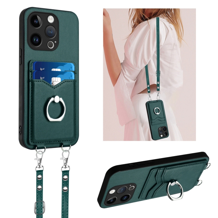 

For iPhone 15 Pro R20 Crossbody Rope Ring Card Holder Phone Case(Green)