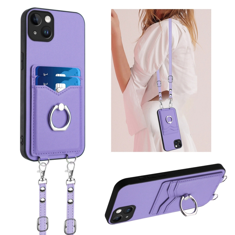 

For iPhone 14 Plus R20 Crossbody Rope Ring Card Holder Phone Case(Purple)