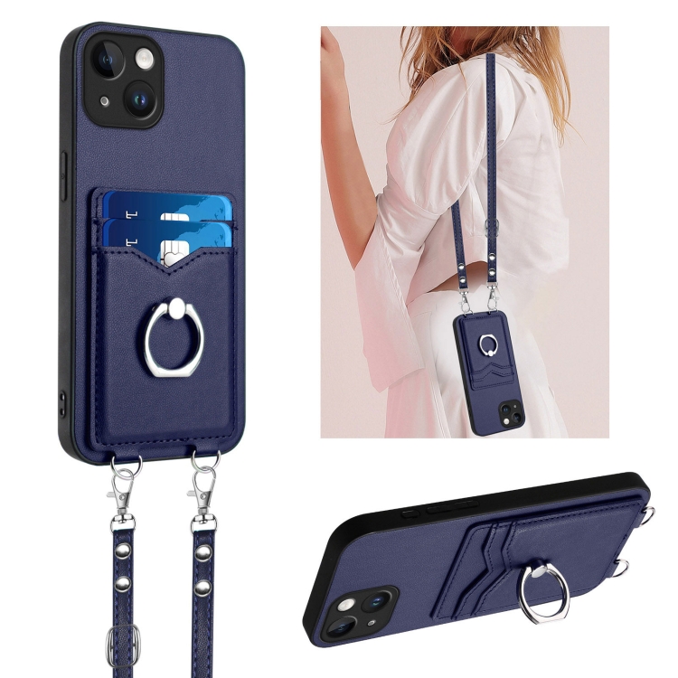 

For iPhone 14 R20 Crossbody Rope Ring Card Holder Phone Case(Blue)