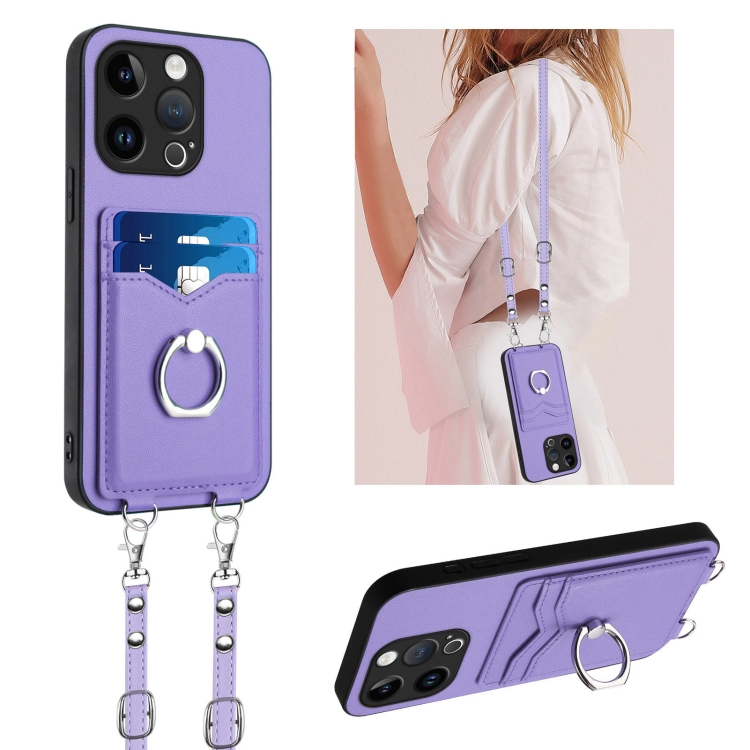 

For iPhone 14 Pro R20 Crossbody Rope Ring Card Holder Phone Case(Purple)
