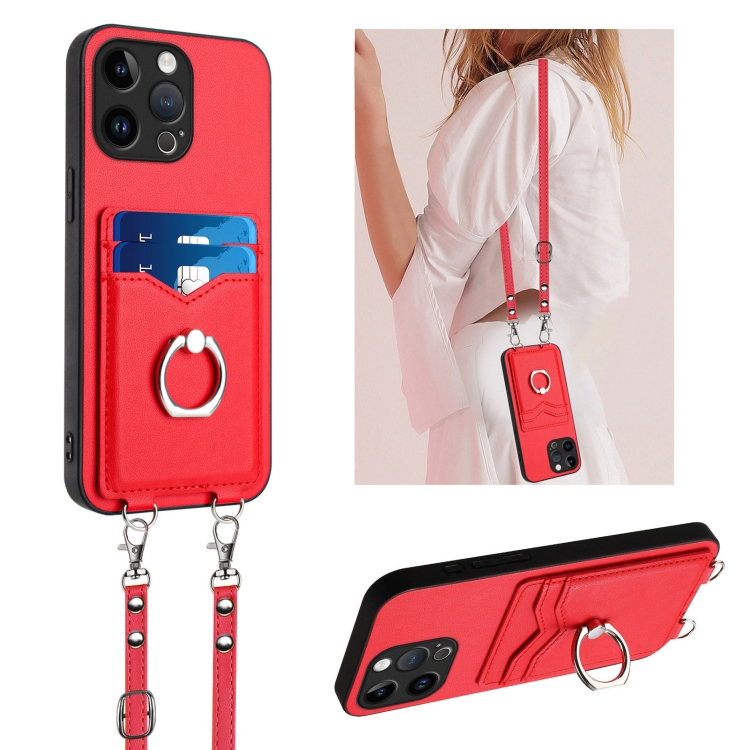 

For iPhone 14 Pro Max R20 Crossbody Rope Ring Card Holder Phone Case(Red)