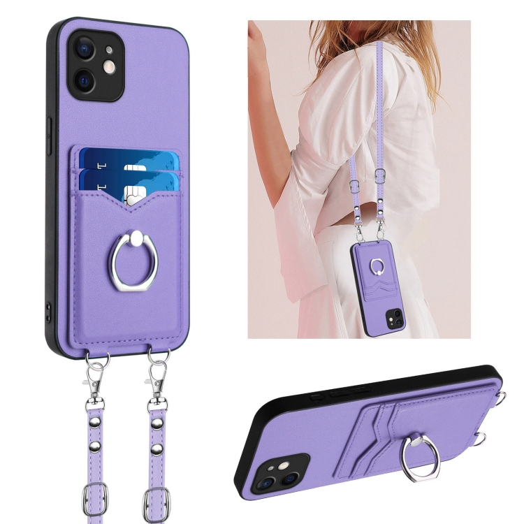 

For iPhone 12 R20 Crossbody Rope Ring Card Holder Phone Case(Purple)