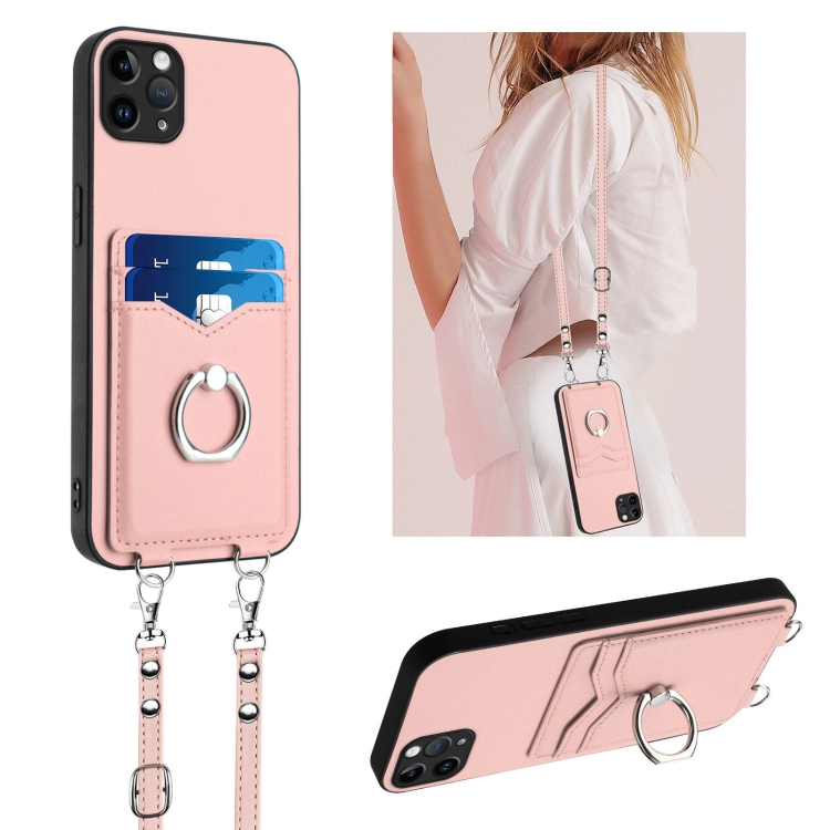

For iPhone 11 Pro Max R20 Crossbody Rope Ring Card Holder Phone Case(Pink)