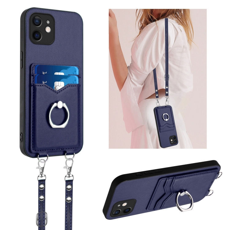 

For iPhone 11 R20 Crossbody Rope Ring Card Holder Phone Case(Blue)