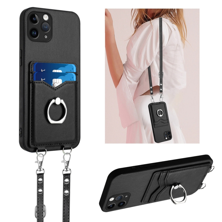 

For iPhone 11 Pro R20 Crossbody Rope Ring Card Holder Phone Case(Black)