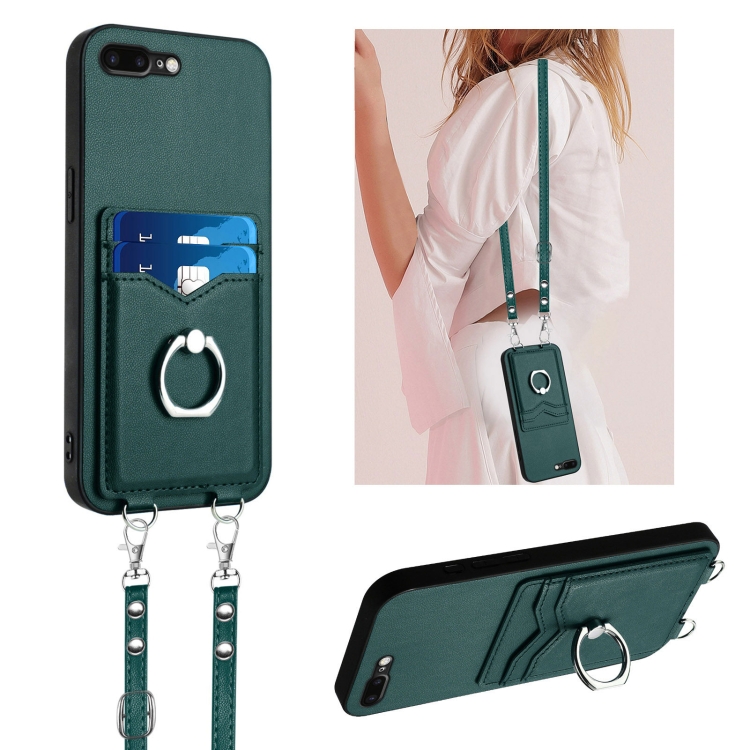 

For iPhone 8 Plus / 7 Plus R20 Crossbody Rope Ring Card Holder Phone Case(Green)
