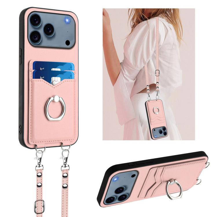 

For iPhone 17 Pro Max R20 Crossbody Rope Ring Card Holder Phone Case(Pink)