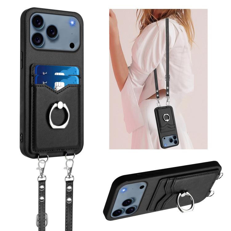 

For iPhone 17 Pro R20 Crossbody Rope Ring Card Holder Phone Case(Black)