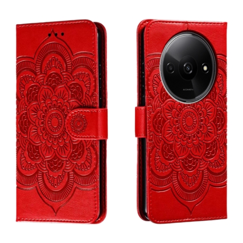 

For Xiaomi Redmi A3 Sun Mandala Embossing Pattern Phone Leather Case(Red)