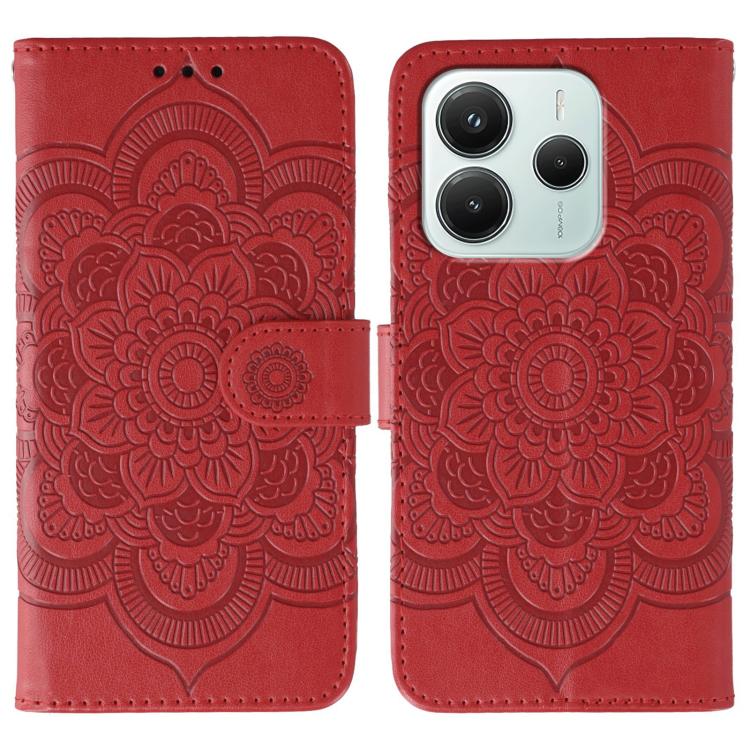 

For Redmi Note 14 4G 164.84mm Sun Mandala Embossing Pattern Phone Leather Case(Red)