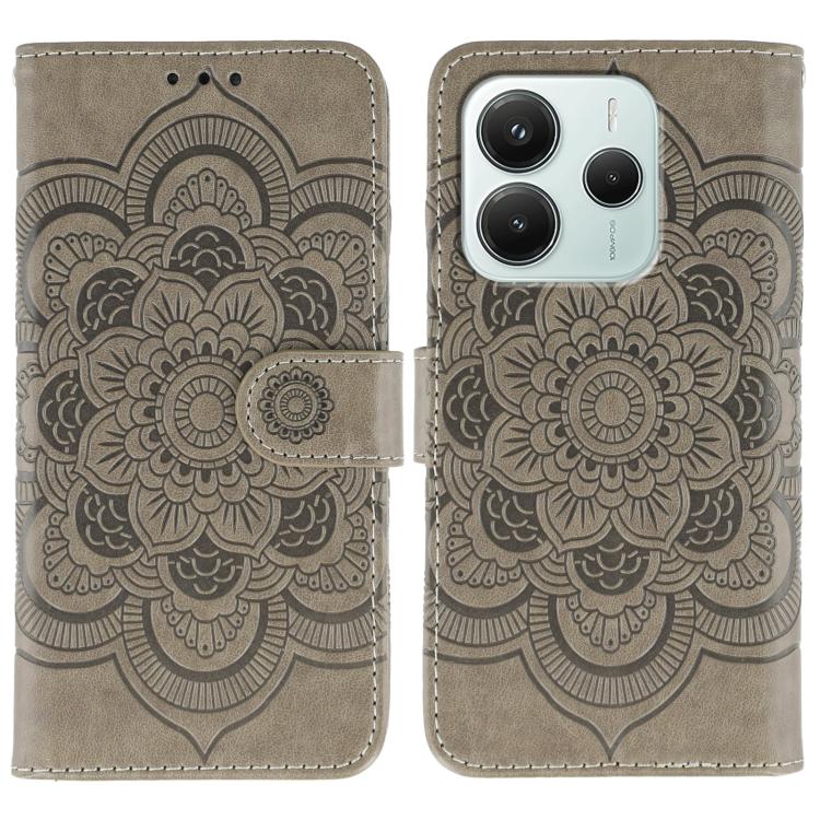 

For Redmi Note 14 4G 164.84mm Sun Mandala Embossing Pattern Phone Leather Case(Grey)