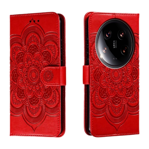 

For Xiaomi 14 Ultra Sun Mandala Embossing Pattern Phone Leather Case(Red)