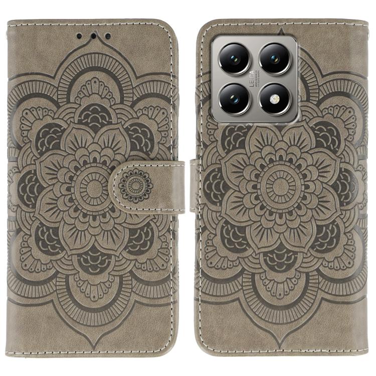 

For Xiaomi 14T Sun Mandala Embossing Pattern Phone Leather Case(Grey)