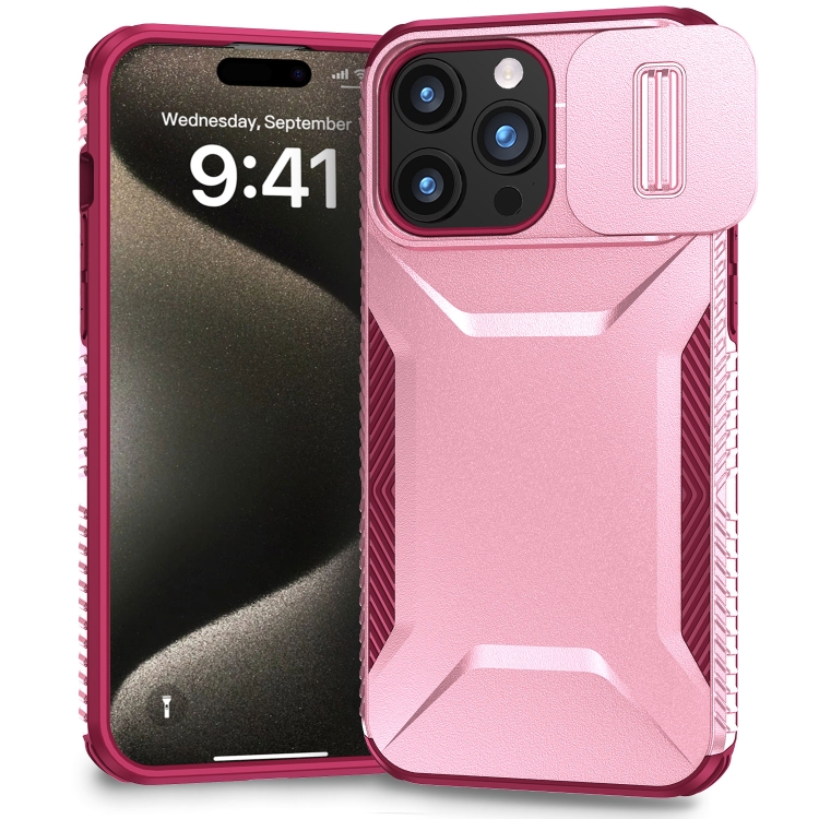 

For iPhone 15 Pro Max Sliding Camshield Phone Case(Pink + Rose Red)