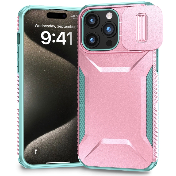 

For iPhone 15 Pro Sliding Camshield Phone Case(Pink + Grey Green)