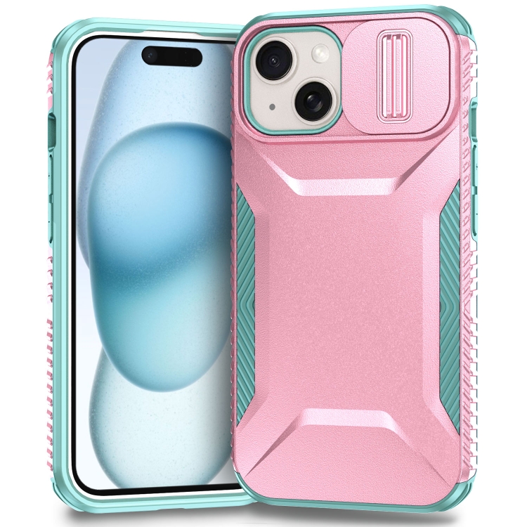 

For iPhone 15 Plus Sliding Camshield Phone Case(Pink + Grey Green)