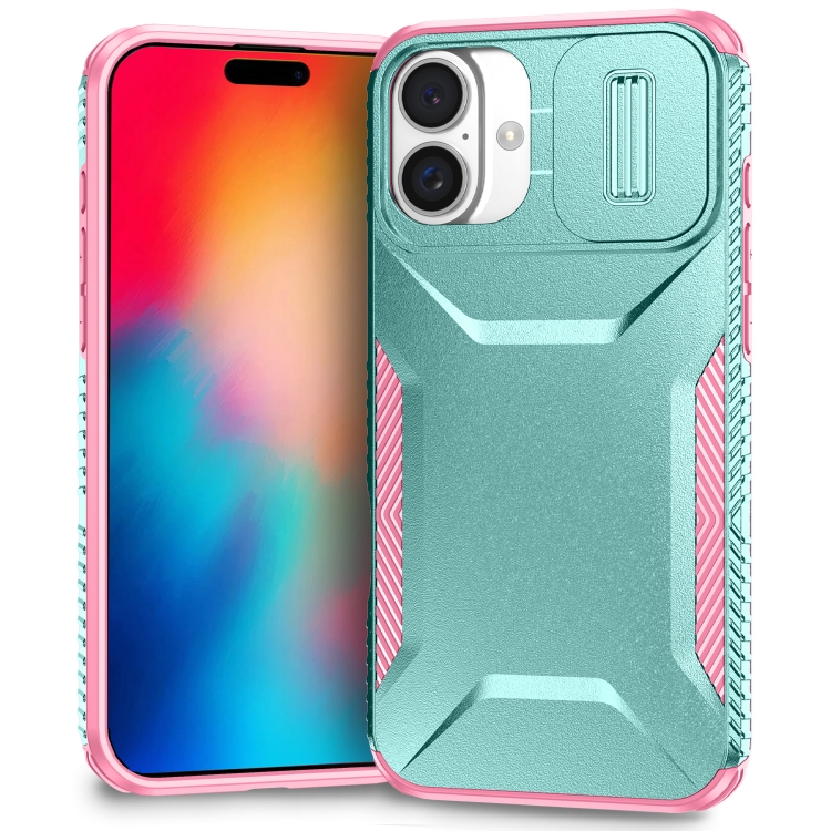 

For iPhone 16 Sliding Camshield Phone Case(Grey Green + Pink)