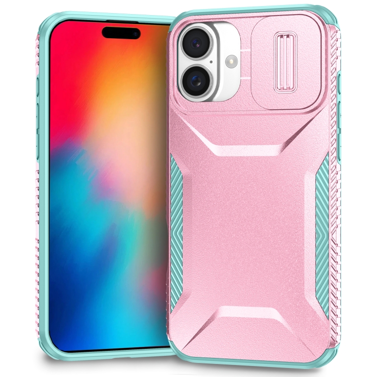 

For iPhone 16 Plus Sliding Camshield Phone Case(Pink + Grey Green)