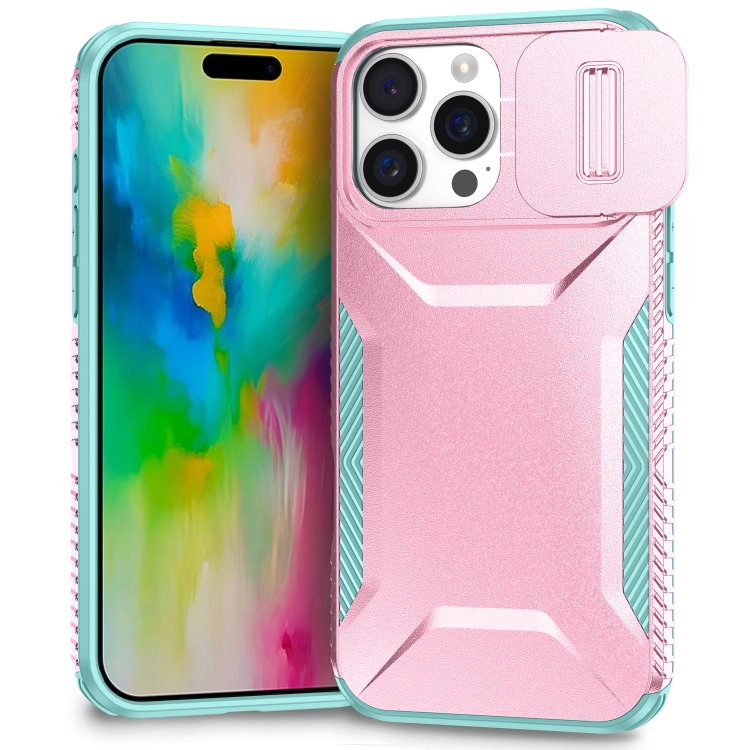 

For iPhone 16 Pro Sliding Camshield Phone Case(Pink + Grey Green)