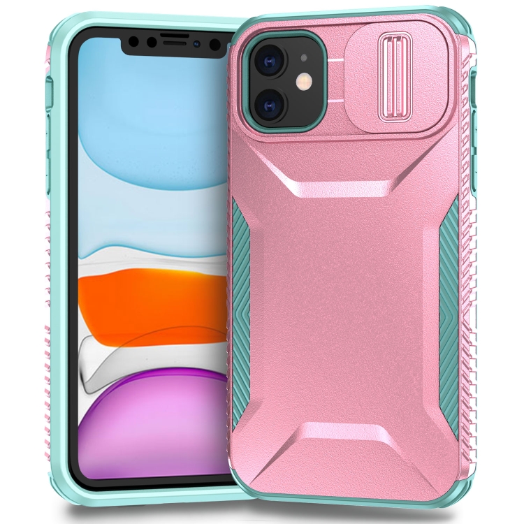 

For iPhone 11 Sliding Camshield Phone Case(Pink + Grey Green)
