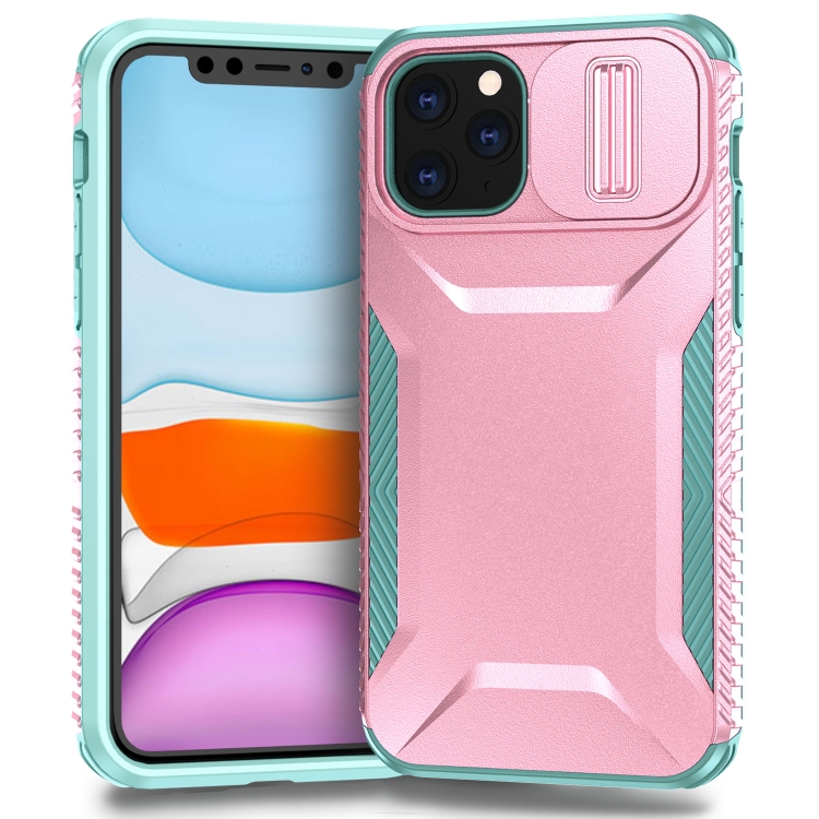 

For iPhone 11 Pro Max Sliding Camshield Phone Case(Pink + Grey Green)